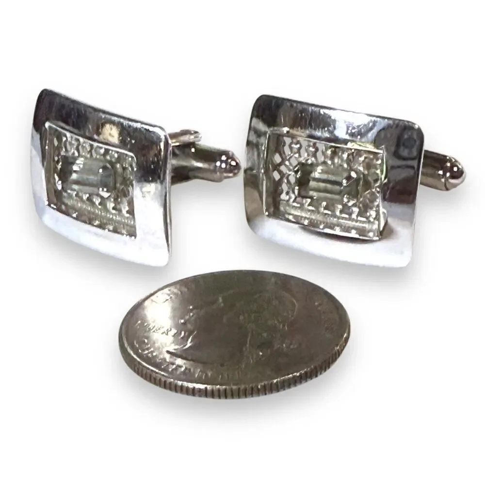 Vintage Shields Cufflinks Mens Silver Tone Emerald Cut Glass Mesh Back Bullet